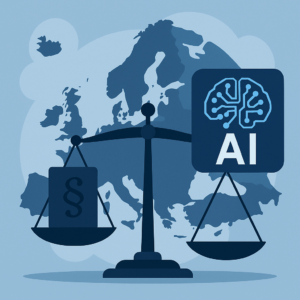Ilustracja przedstawiająca wagę prawną balansującą między symbolem paragrafu a ikoną sztucznej inteligencji na tle mapy Europy.