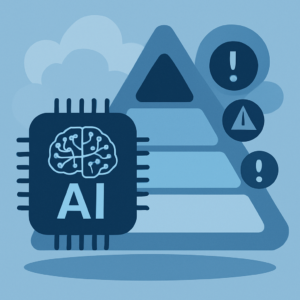 Ilustracja przedstawiająca ikonę sztucznej inteligencji obok piramidy poziomów ryzyka oraz symboli ostrzegawczych.