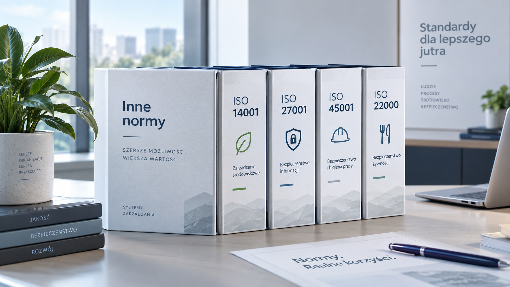 Segregatory symbolizujące systemy ISO 14001, ISO 27001, ISO 45001 i ISO 22000