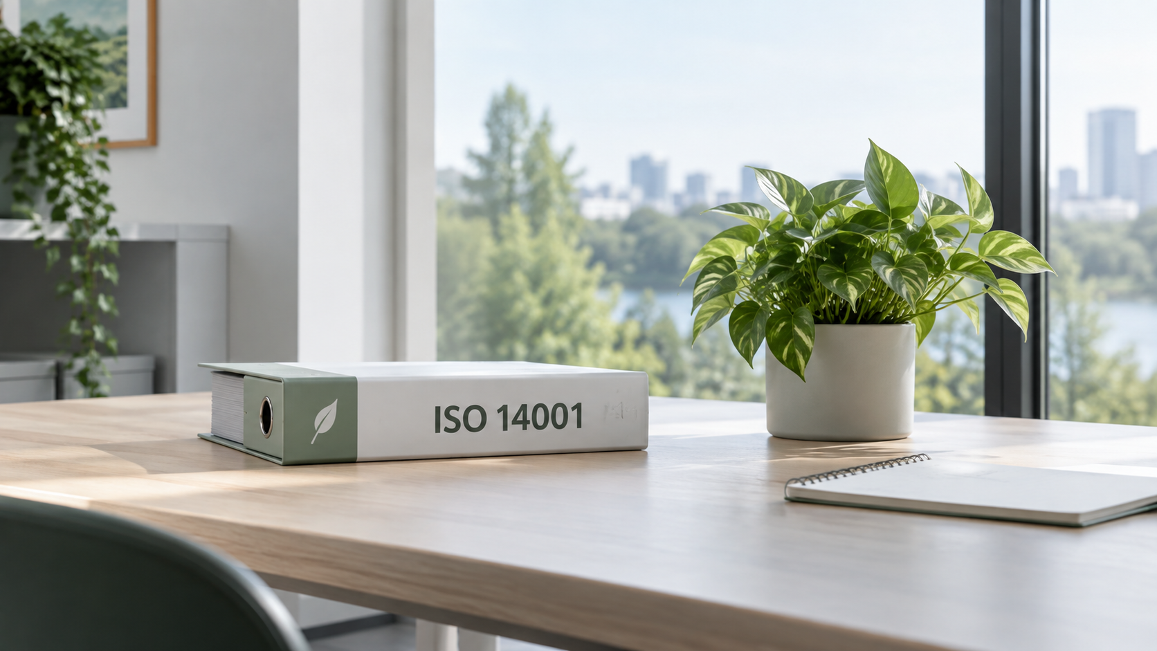Segregator ISO 14001 i roślina symbolizujące system zarządzania środowiskowego