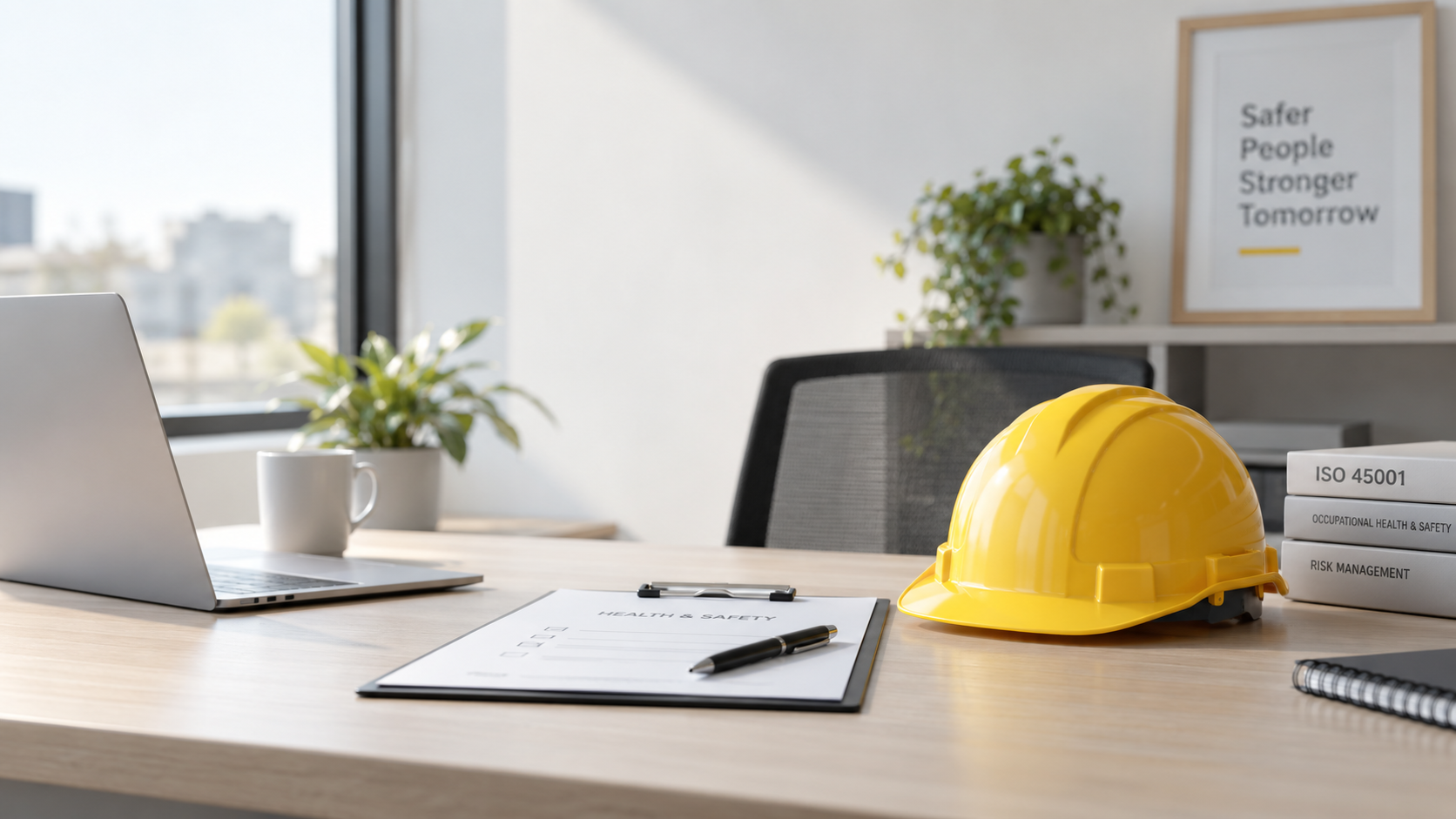 Kask ochronny i dokumentacja związana z systemem zarządzania BHP ISO 45001